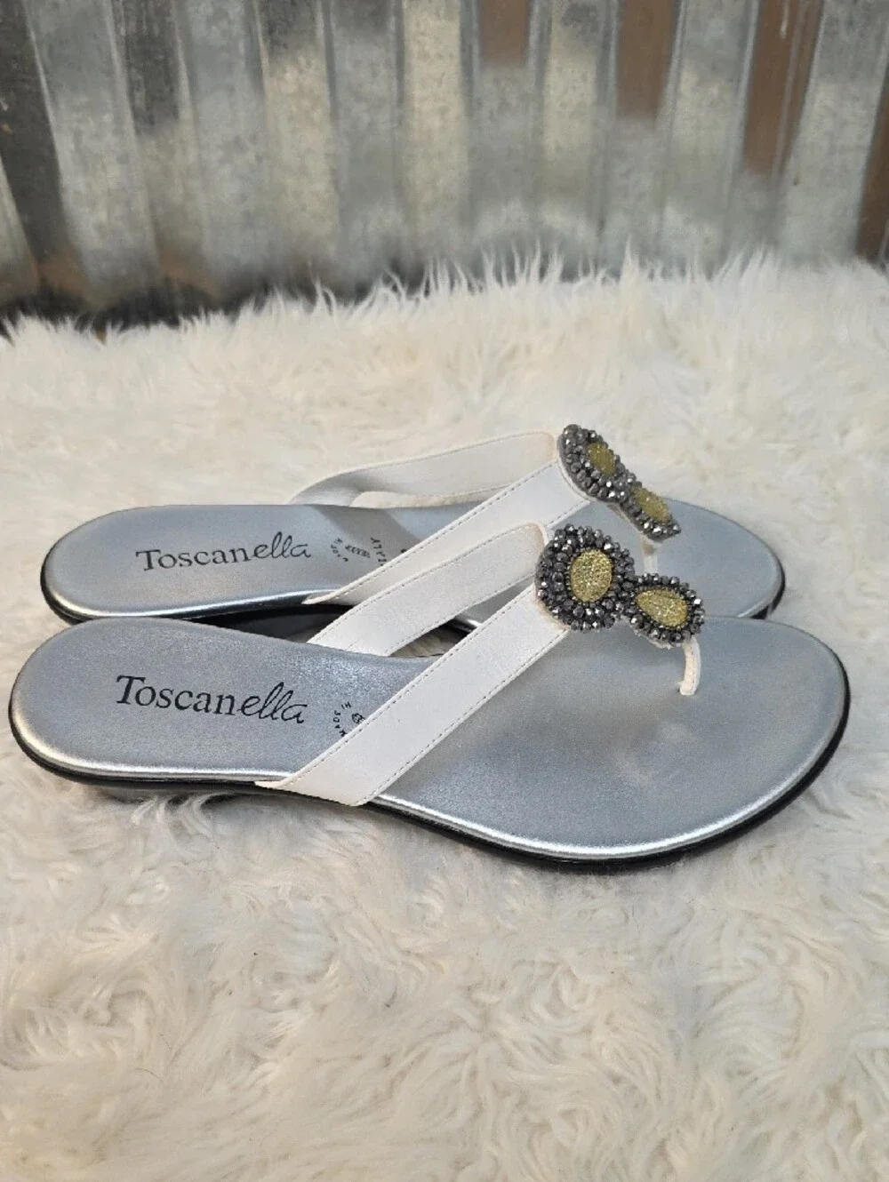 Toscanella White Jeweled Toe-Post Sandals with Silver Footbed